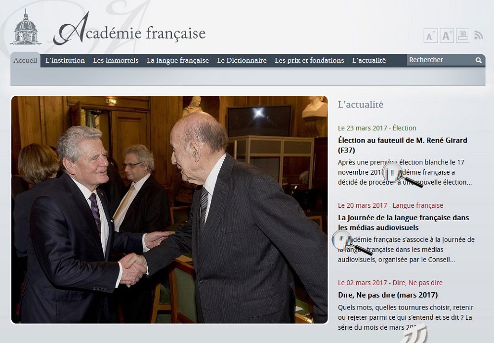 Page d’accueil du site de l’Académie française (2017) avec deux types d’apostrophes dans son propre nom!