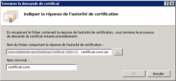Renouveler un certificat SSL - Indiquer la réponse de l’autorité de certification (fichier .cer)