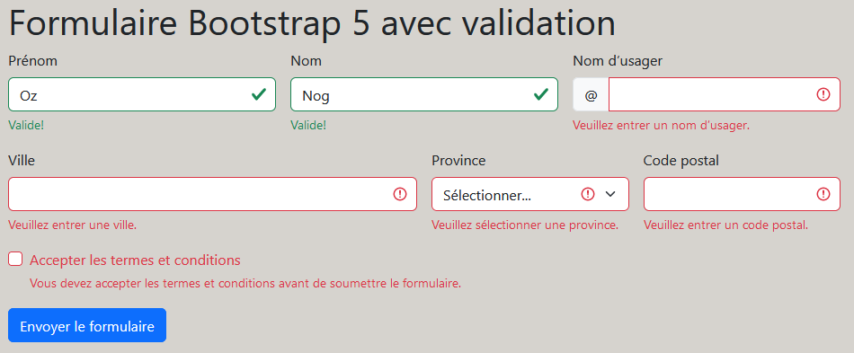 Formulaire Bootstrap 5 avec validation